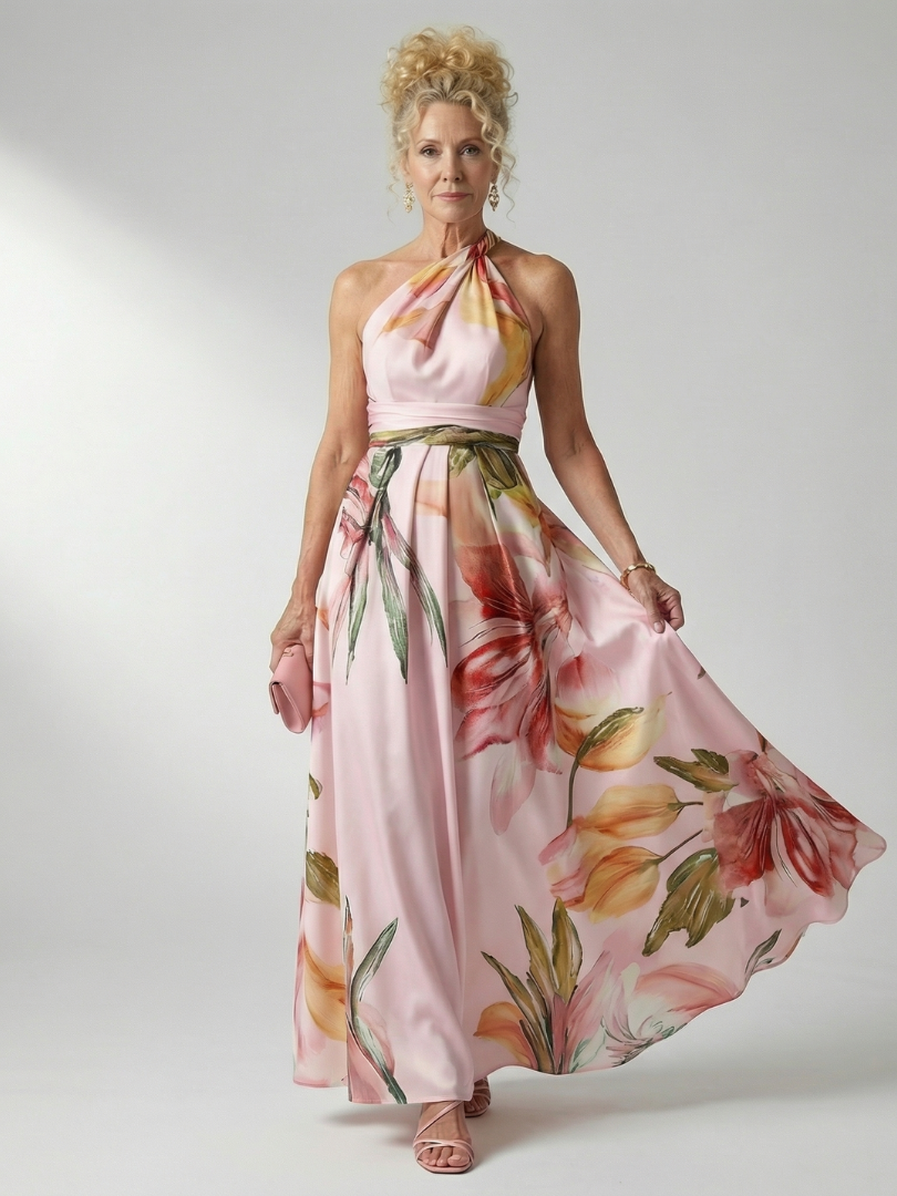 Elegante Bloemenjurk met Halterdecolleté
