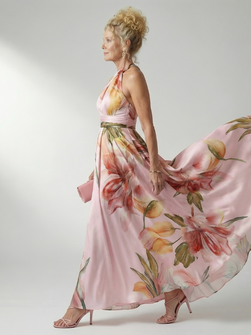 Elegante Bloemenjurk met Halterdecolleté