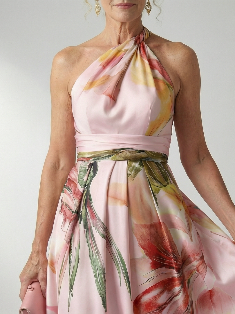 Elegante Bloemenjurk met Halterdecolleté