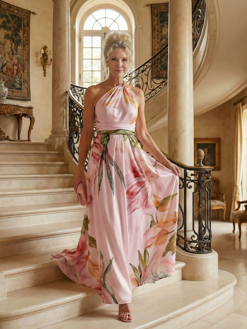 Elegante Bloemenjurk met Halterdecolleté
