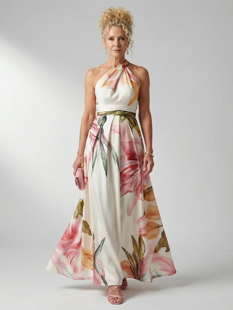 Elegante Bloemenjurk met Halterdecolleté
