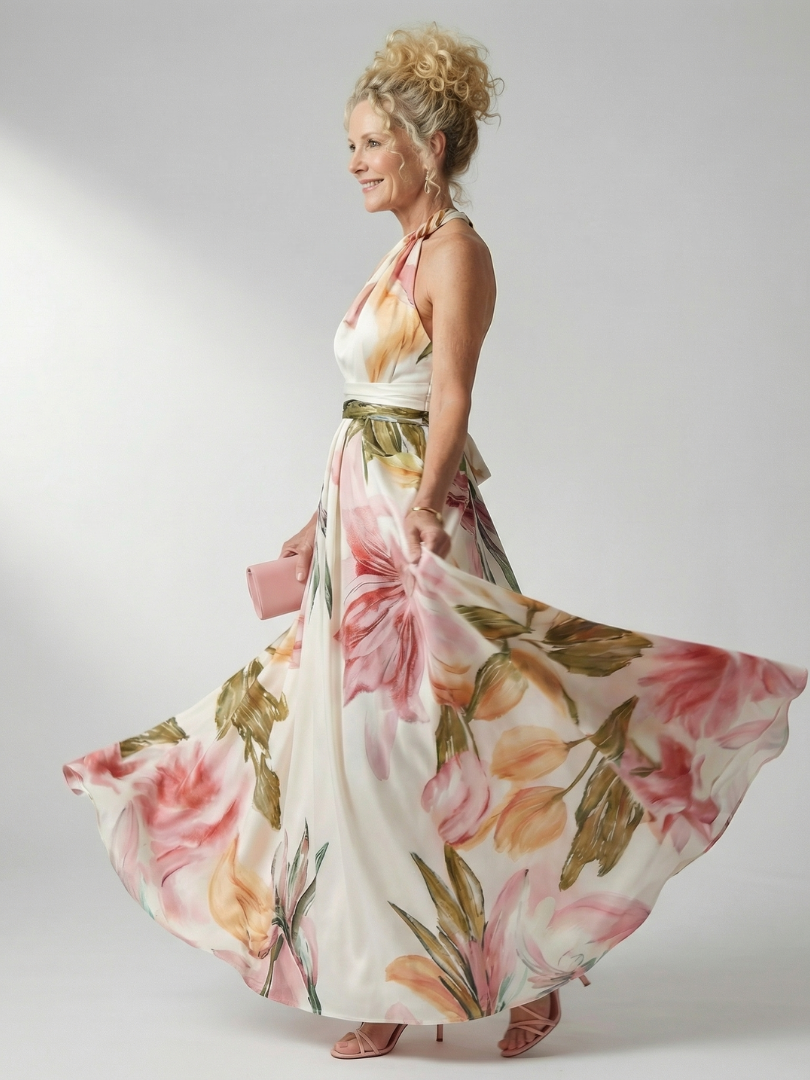 Elegante Bloemenjurk met Halterdecolleté