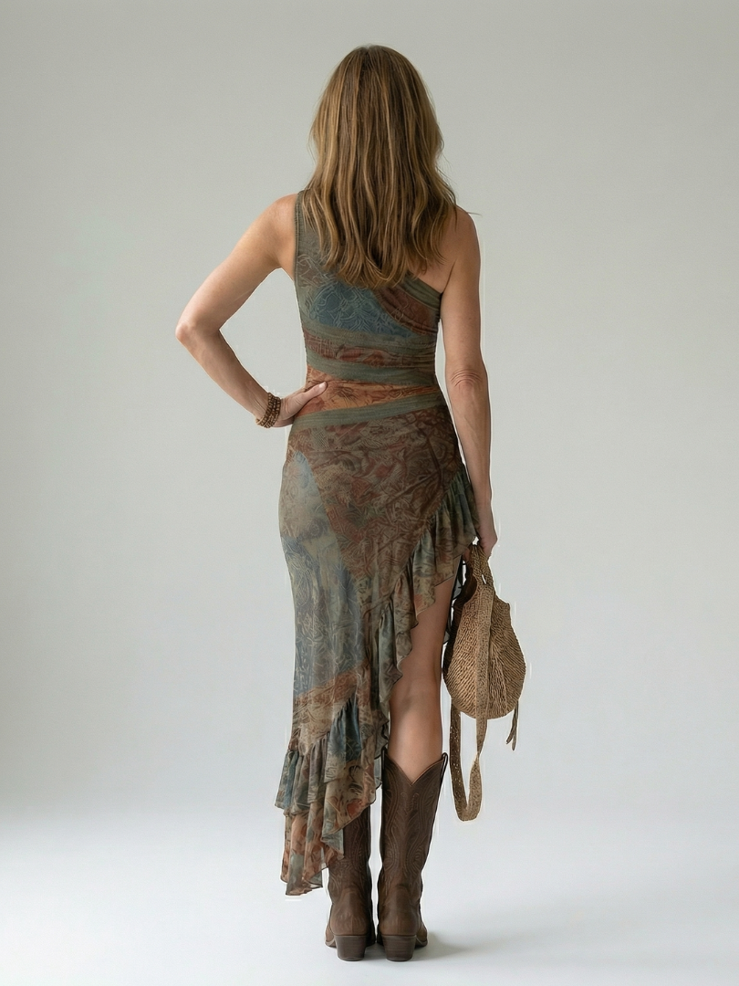 Elegante Gedrapeerde Jurk met Asymmetrische Halslijn