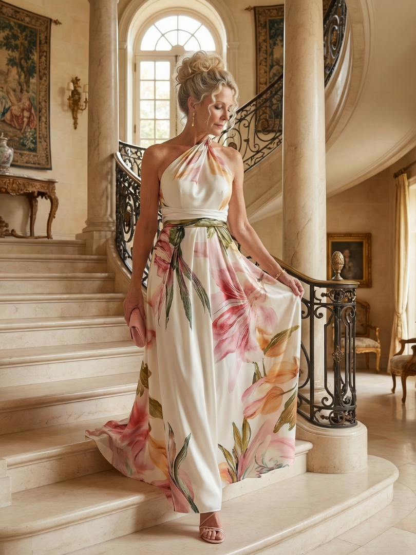 Elegante Bloemenjurk met Halterdecolleté