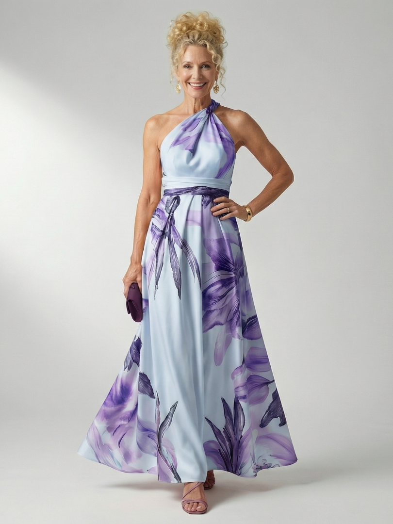 Elegante Bloemenjurk met Halterdecolleté
