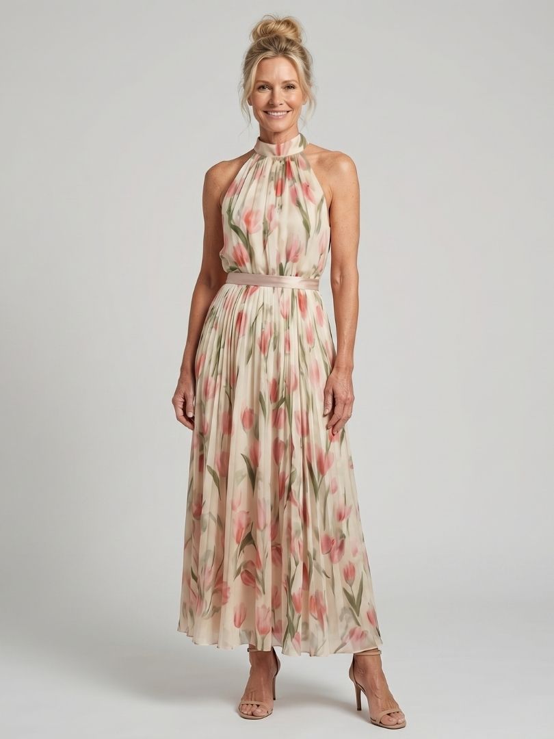Elegante Bloemenjurk met Halterdecolleté