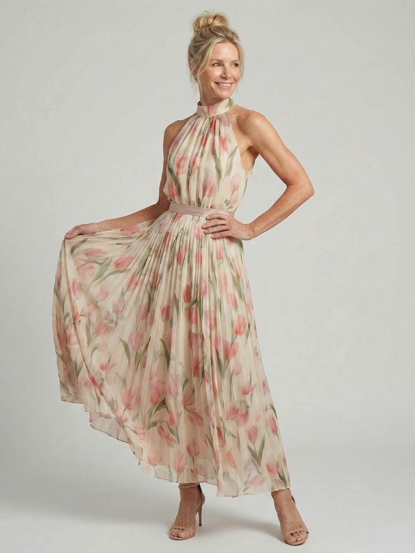 Elegante Bloemenjurk met Halterdecolleté