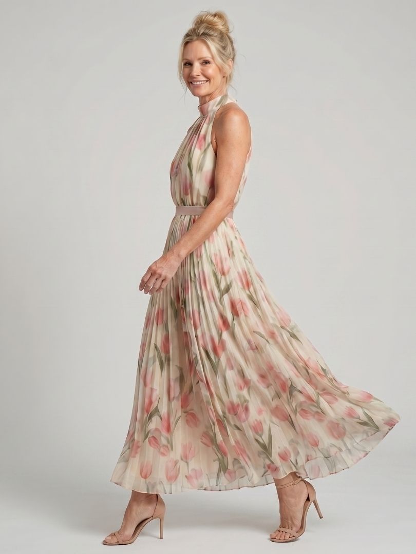 Elegante Bloemenjurk met Halterdecolleté