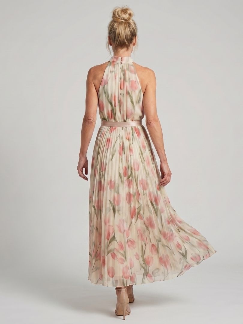 Elegante Bloemenjurk met Halterdecolleté