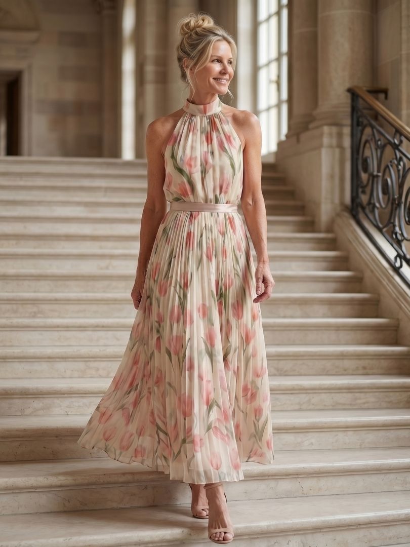 Elegante Bloemenjurk met Halterdecolleté