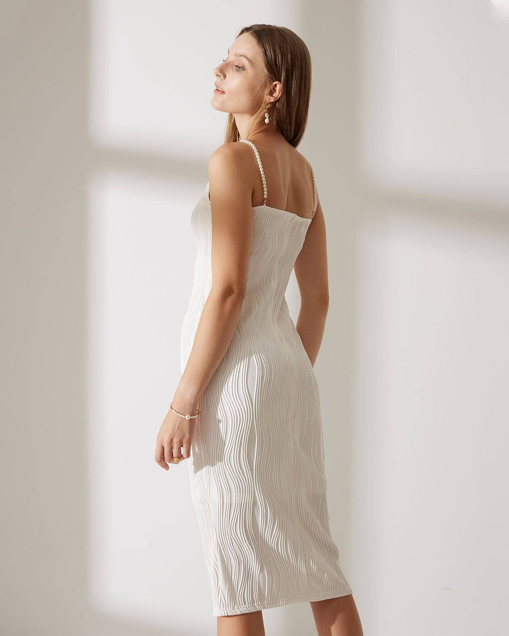 Midi-Jurk met Watertextuur en Pareldetails