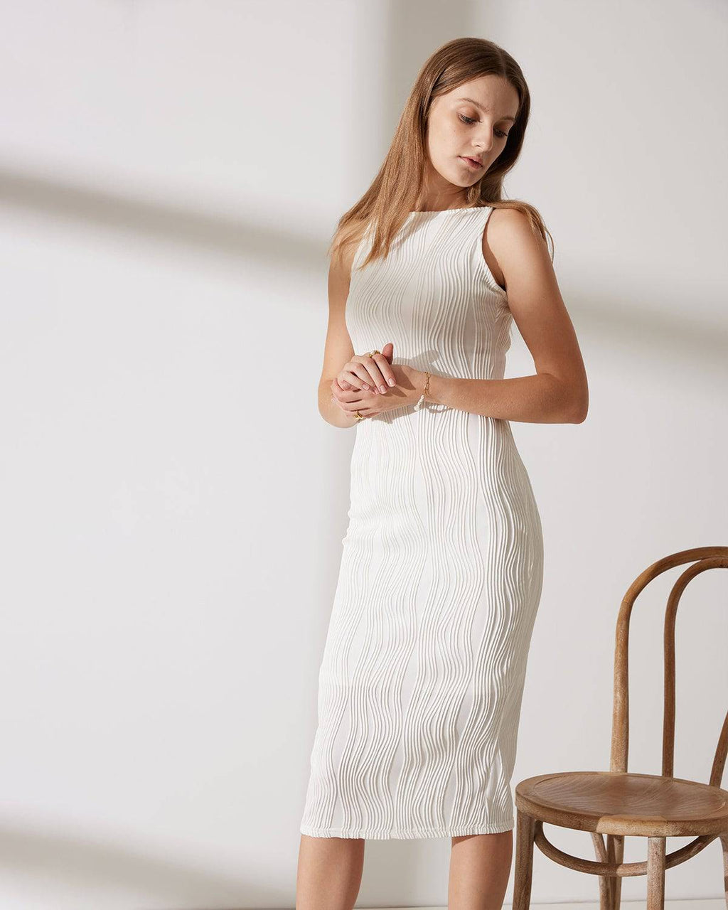 Midi-Jurk met Watertextuur en Pareldetails